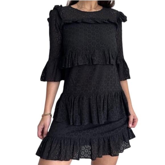 Madewell Dresses & Skirts - MADEWELL | Black Eyelet Waterlily Ruffle Round Neck Tiered Mini Dress Size 6